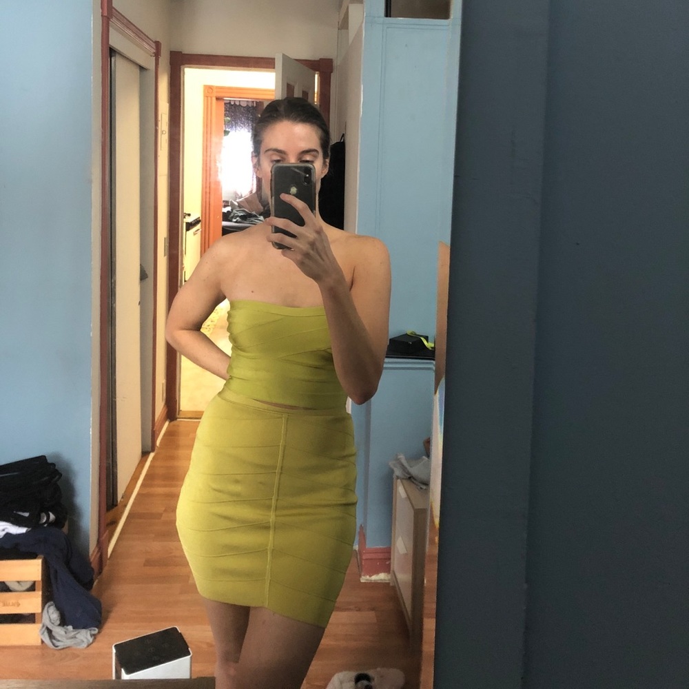 2 piece lime green/yellow BEBE dress.
